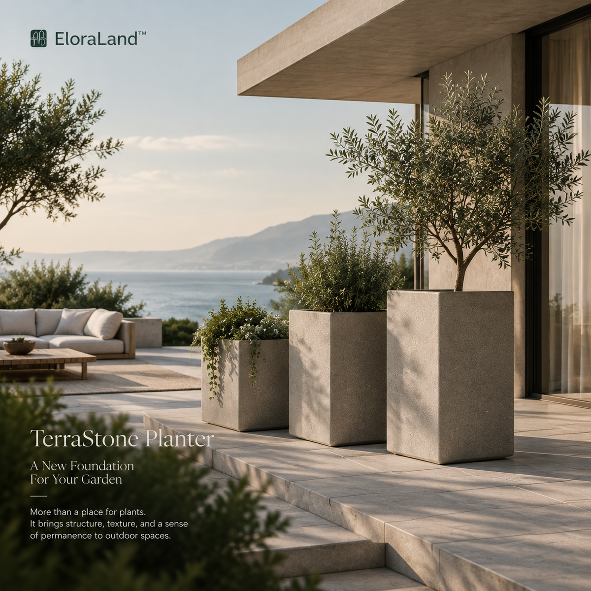 EloraLand™ TerraStone Planter - A sculptural garden element that adds architectural structure to outdoor spaces.